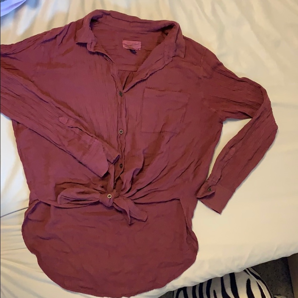 Long sleeve button down, tie front shirt